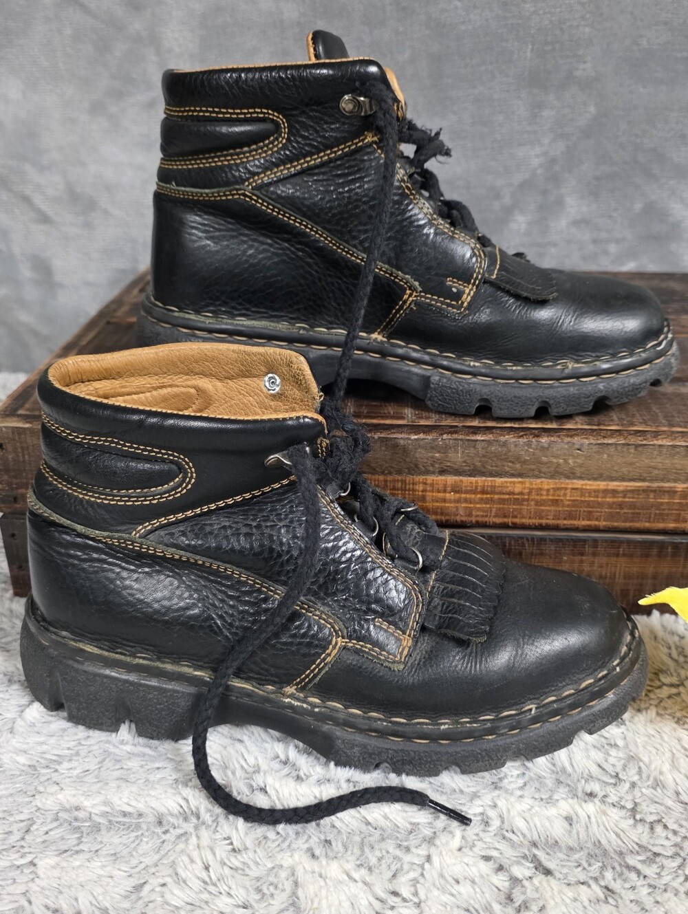 Double H Vintage Black Leather Work Boots Moto Biker Style Size 8